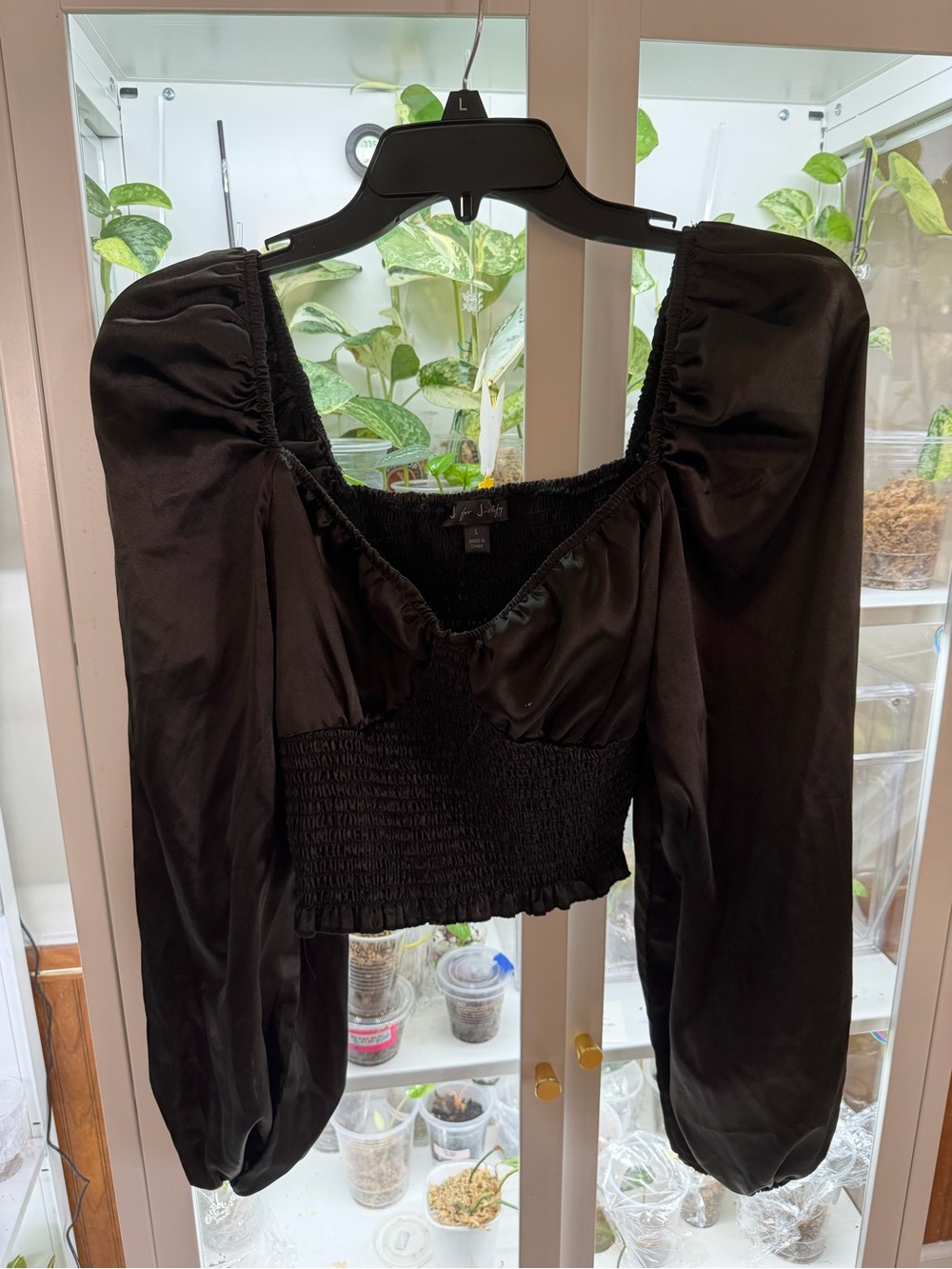 Black Puff-Sleeve Smocked Crop Top - Women's
